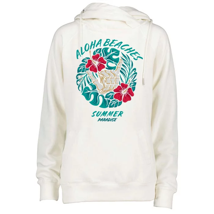 Aloha Beaches Skeleton Hand Rock On Flowers Womens Funnel Neck Pullover Hood