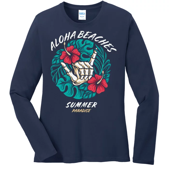 Aloha Beaches Skeleton Hand Rock On Flowers Ladies Long Sleeve Shirt