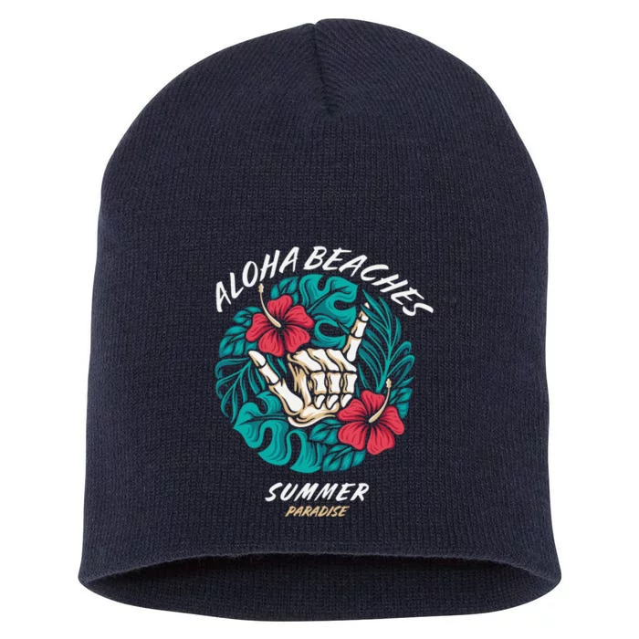 Aloha Beaches Skeleton Hand Rock On Flowers Short Acrylic Beanie