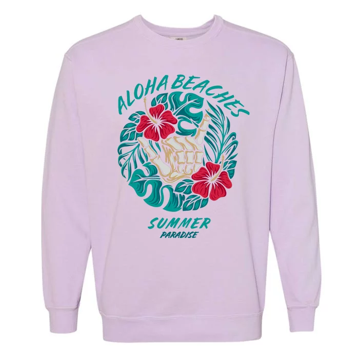 Aloha Beaches Skeleton Hand Rock On Flowers Garment-Dyed Sweatshirt