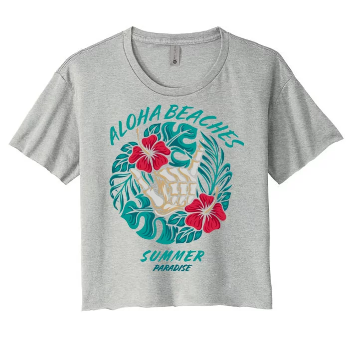 Aloha Beaches Skeleton Hand Rock On Flowers Women's Crop Top Tee