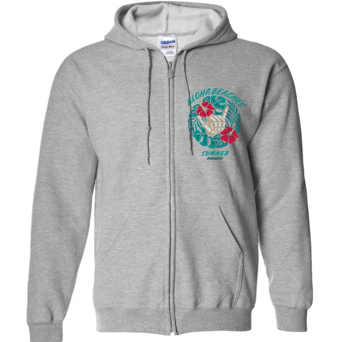 Aloha Beaches Skeleton Hand Rock On Flowers Full Zip Hoodie