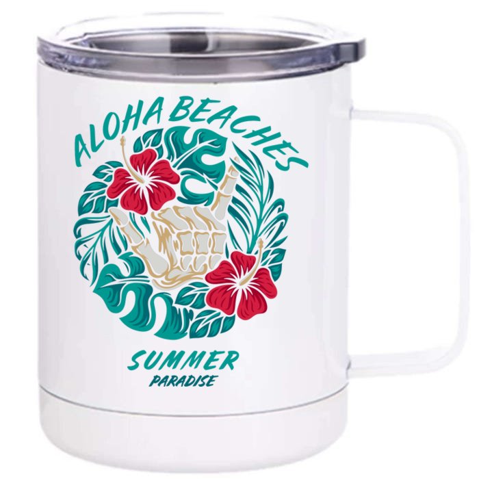 Aloha Beaches Skeleton Hand Rock On Flowers Front & Back 12oz Stainless Steel Tumbler Cup