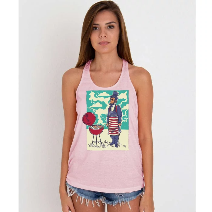 Abe Lincoln Patriotic Barbeque BBQ Women's Knotted Racerback Tank