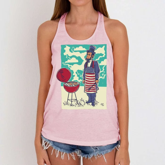 Abe Lincoln Patriotic Barbeque BBQ Women's Knotted Racerback Tank