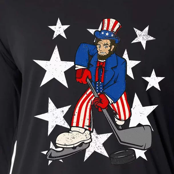 Abraham Lincoln Playing Hockey Funny 4th of July Hockey Cooling Performance Long Sleeve Crew