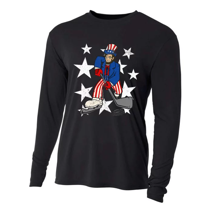 Abraham Lincoln Playing Hockey Funny 4th of July Hockey Cooling Performance Long Sleeve Crew