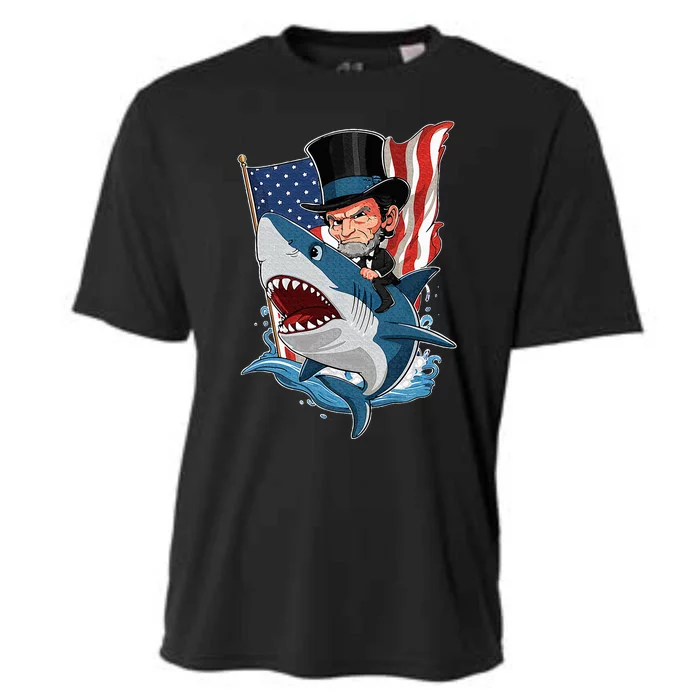 Abe Lincoln Riding Shark Awesome Fourth Of July Cooling Performance Crew T-Shirt