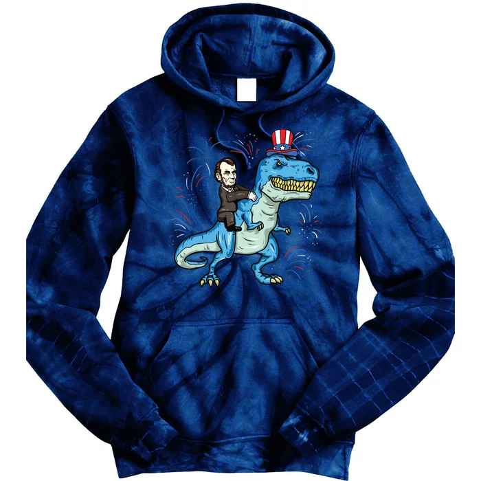 Abe Lincoln Riding A Dinosaur Trex 4th Of July Tie Dye Hoodie