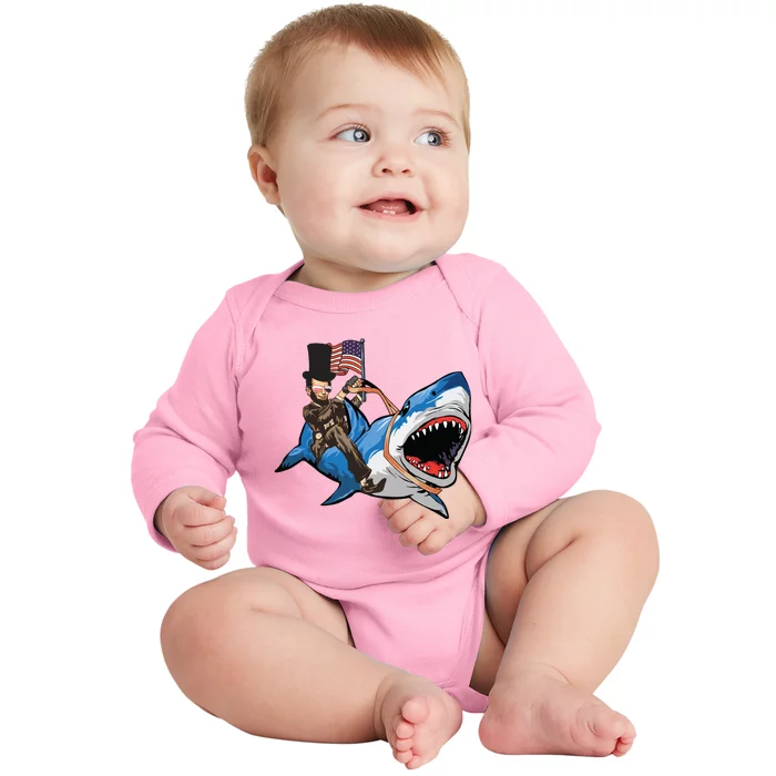 Abe Lincoln Riding Shark Shark Lovers Shark 4th Of July Baby Long Sleeve Bodysuit