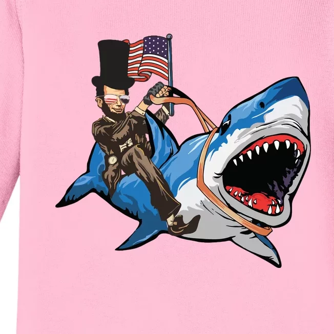 Abe Lincoln Riding Shark Shark Lovers Shark 4th Of July Baby Long Sleeve Bodysuit