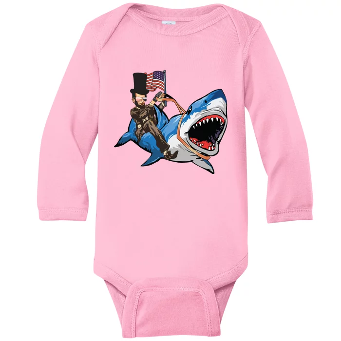 Abe Lincoln Riding Shark Shark Lovers Shark 4th Of July Baby Long Sleeve Bodysuit