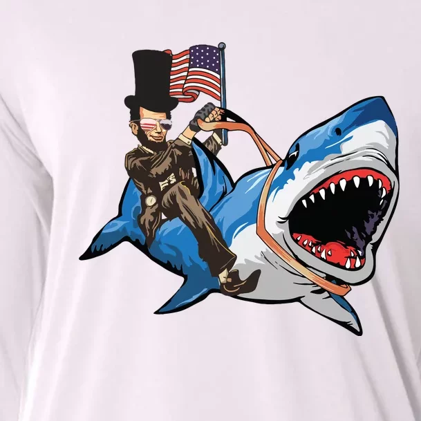 Abe Lincoln Riding Shark Shark Lovers Shark 4th Of July Cooling Performance Long Sleeve Crew