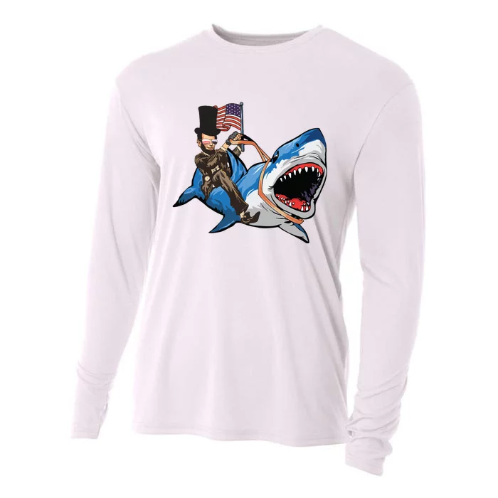 Abe Lincoln Riding Shark Shark Lovers Shark 4th Of July Cooling Performance Long Sleeve Crew