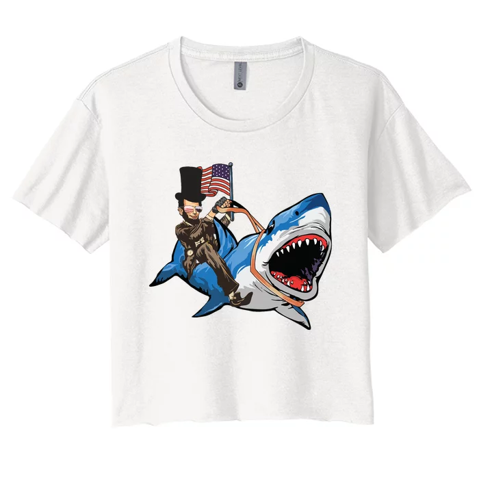 Abe Lincoln Riding Shark Shark Lovers Shark 4th Of July Women's Crop Top Tee