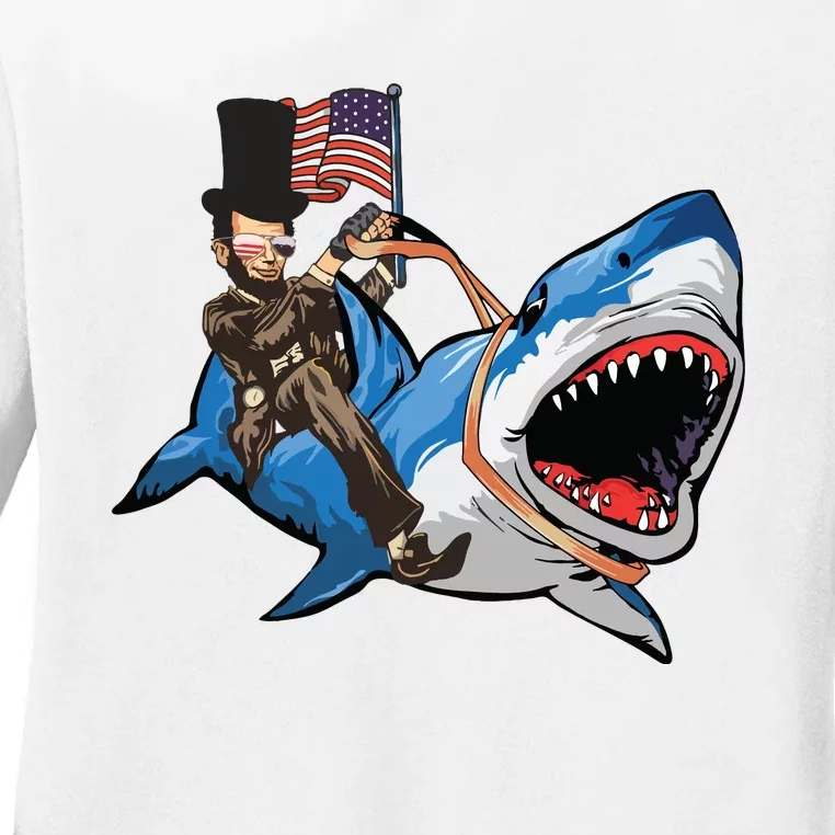 Abe Lincoln Riding Shark Shark Lovers Shark 4th Of July Ladies Long Sleeve Shirt