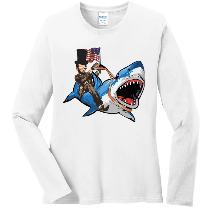 Abe Lincoln Riding Shark Shark Lovers Shark 4th Of July Ladies Long Sleeve Shirt