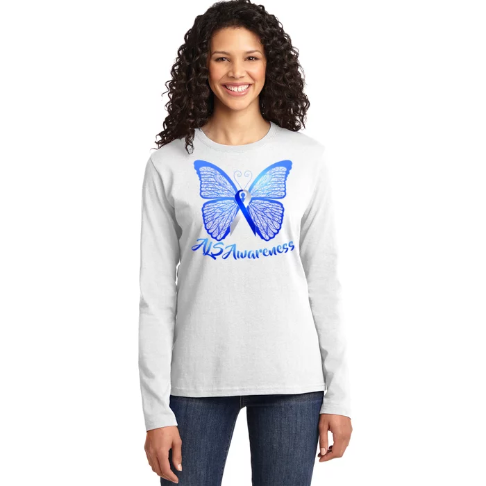 ALS Awareness Butterfly Ladies Long Sleeve Shirt