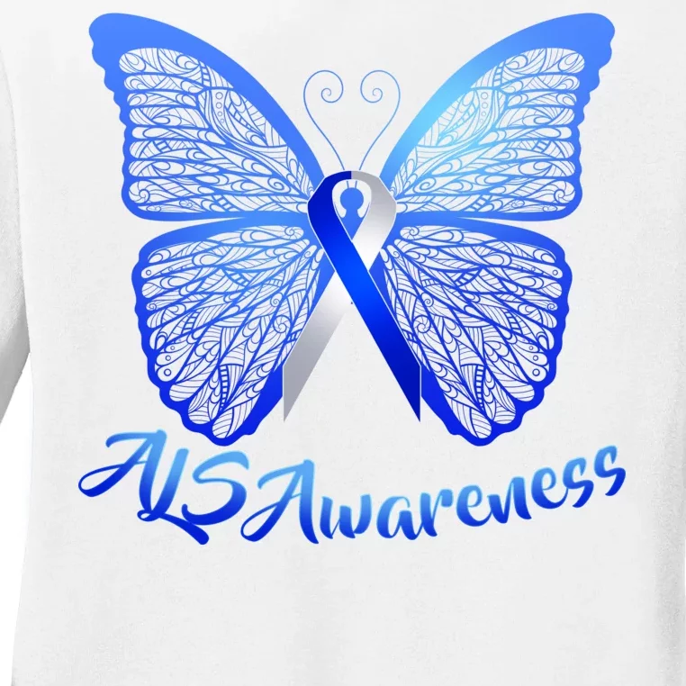 ALS Awareness Butterfly Ladies Long Sleeve Shirt