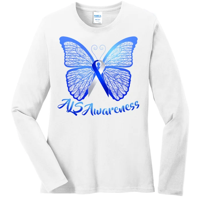 ALS Awareness Butterfly Ladies Long Sleeve Shirt