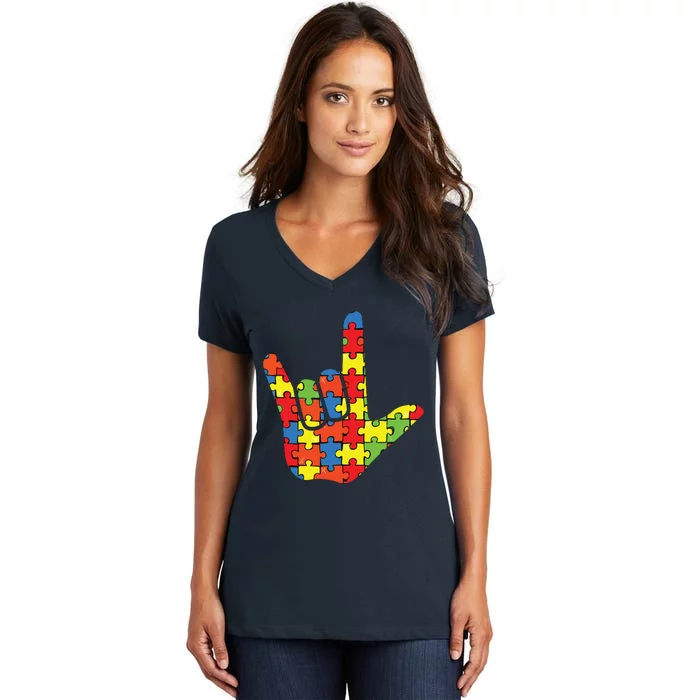 ASL Love Sign Language Autism Gift Awareness Support Women's V-Neck T-Shirt