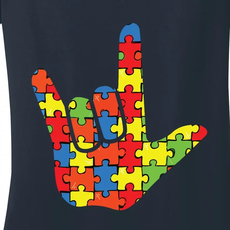 ASL Love Sign Language Autism Gift Awareness Support Women's V-Neck T-Shirt