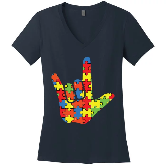 ASL Love Sign Language Autism Gift Awareness Support Women's V-Neck T-Shirt