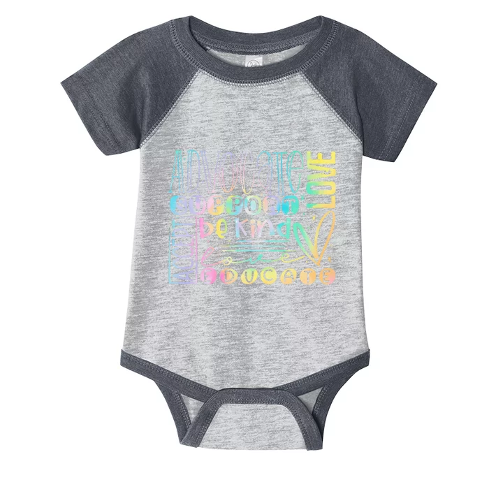 Advocate Love Support Accept Be Kind Autism Awareness Infant Baby Jersey Bodysuit