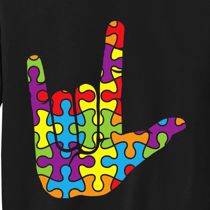 ASL Love Sign Language Autistic Puzzle Autism Awareness Tall Sweatshirt