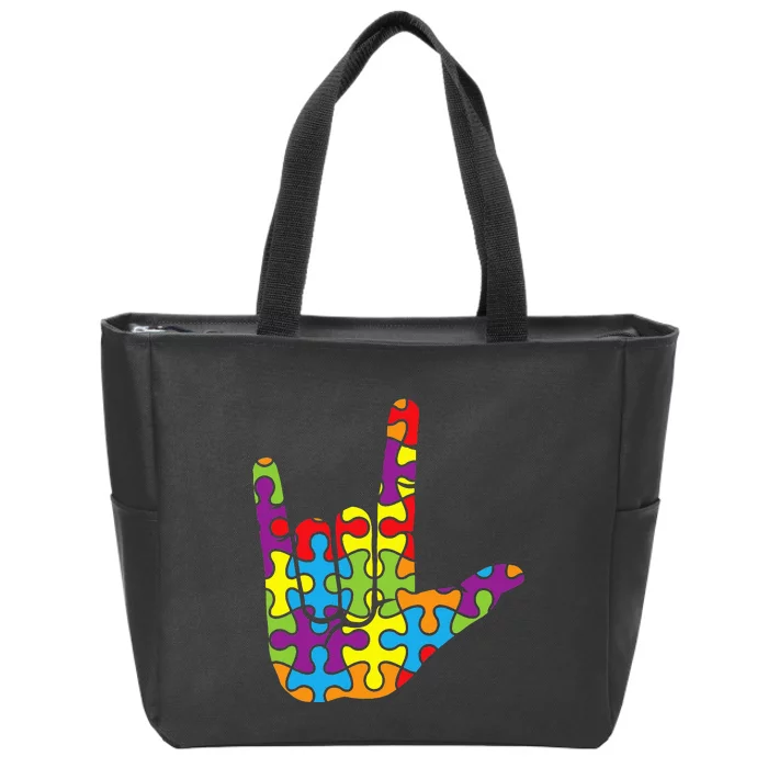 ASL Love Sign Language Autistic Puzzle Autism Awareness Zip Tote Bag