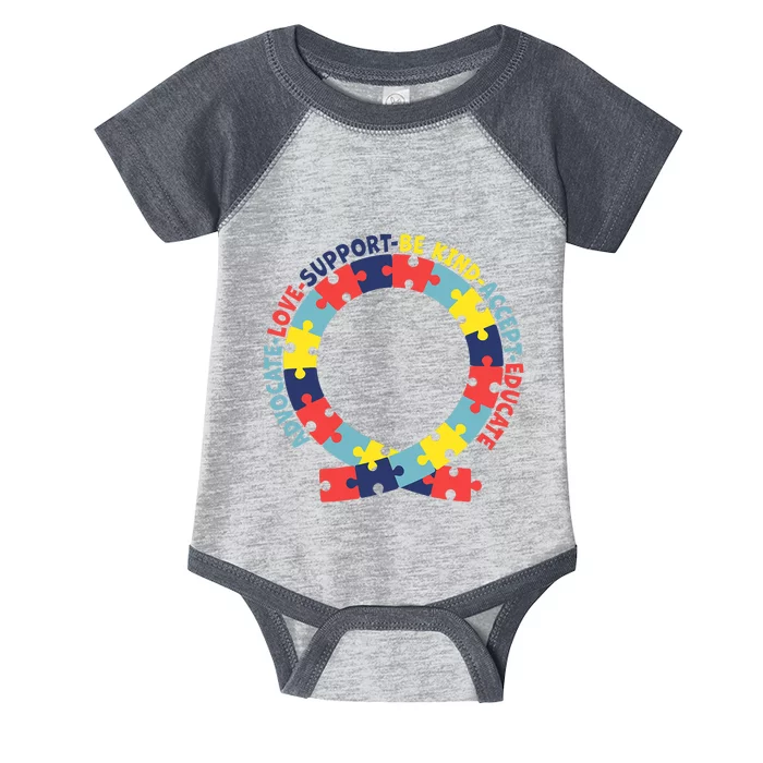 Advocate Love Support Accept Be Kind Autism Awareness Infant Baby Jersey Bodysuit