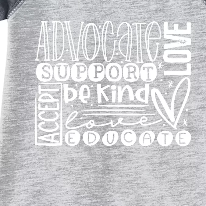 Advocate Love Support Accept Be Kind Autism Awareness Wo Infant Baby Jersey Bodysuit