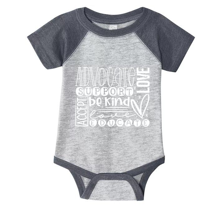 Advocate Love Support Accept Be Kind Autism Awareness Wo Infant Baby Jersey Bodysuit