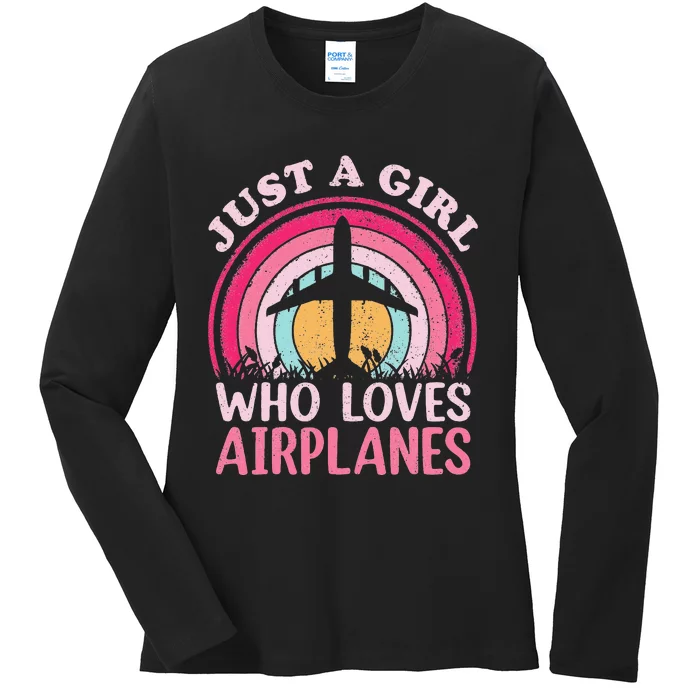 Airplane Lover Vintage Just A Who Loves Airplanes Ladies Long Sleeve Shirt