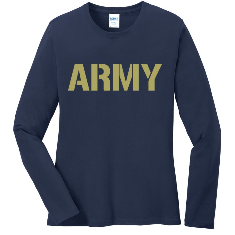 Army Logo Vintage Thin Line American Flag Back And Front Ladies Missy Fit Long Sleeve Shirt