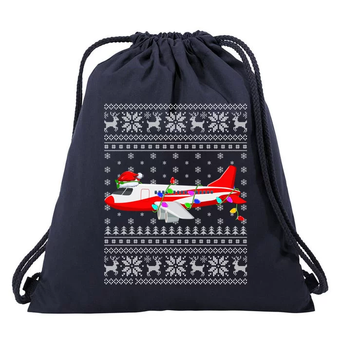 Airplane Lover Xmas Lighting Ugly Airplane Christmas Meaningful Gift Drawstring Bag