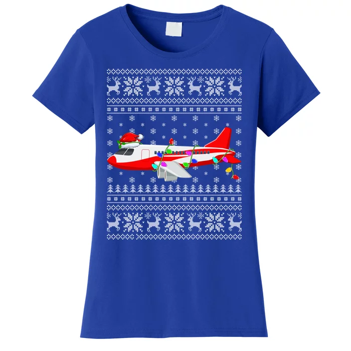 Airplane Lover Xmas Lighting Ugly Airplane Christmas Gift Women's T-Shirt