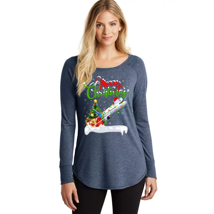 Airplane Lover Xmas Decorations Santa Airplane Christmas Gift Women's Perfect Tri Tunic Long Sleeve Shirt