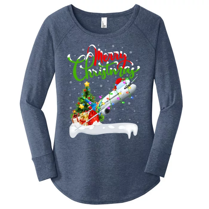 Airplane Lover Xmas Decorations Santa Airplane Christmas Gift Women's Perfect Tri Tunic Long Sleeve Shirt