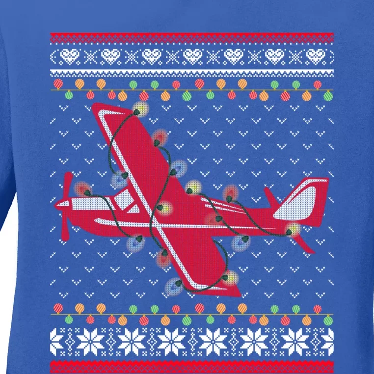 Airplane Lover Xmas Lighting Ugly Airplane Christmas Gift Ladies Long Sleeve Shirt