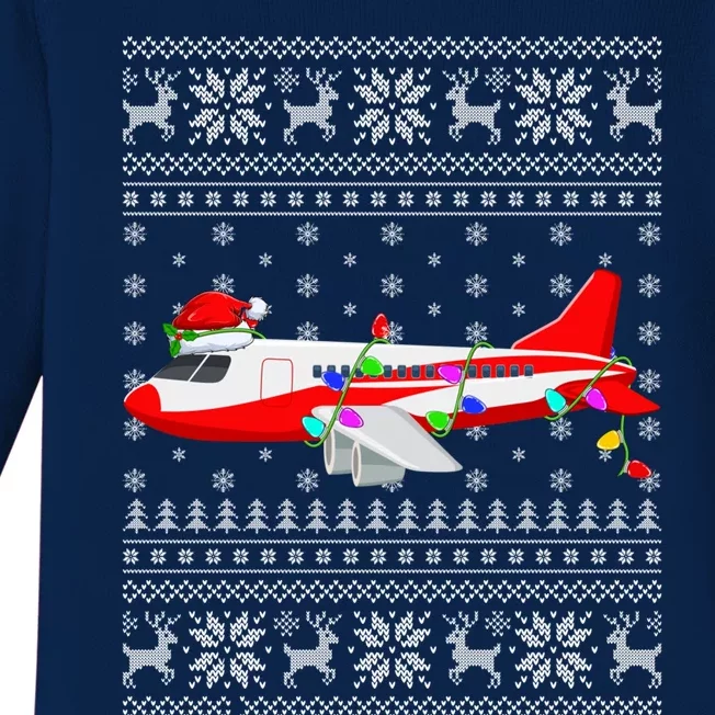 Airplane Lover Xmas Lighting Ugly Airplane Christmas Gift Baby Long Sleeve Bodysuit