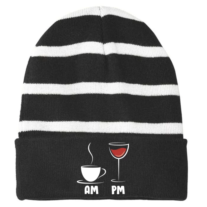 AM Coffee PM Wine Striped Beanie with Solid Band