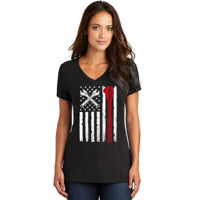 Auto Mechanic American Flag USA Funny Repairman Patriotic Women's V-Neck T-Shirt