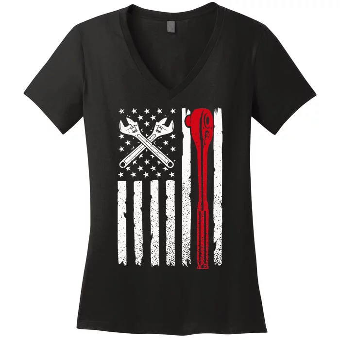 Auto Mechanic American Flag USA Funny Repairman Patriotic Women's V-Neck T-Shirt