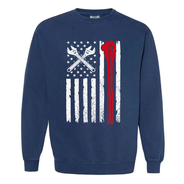 Auto Mechanic American Flag USA Funny Repairman Patriotic Garment-Dyed Sweatshirt