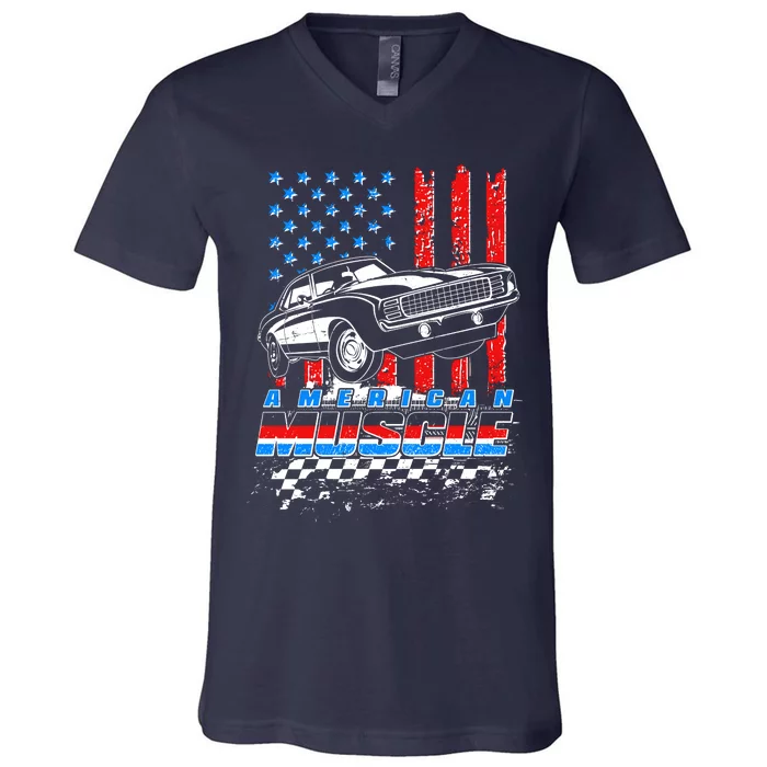 American Muscle American USA Flag Muscle Car Fan V-Neck T-Shirt