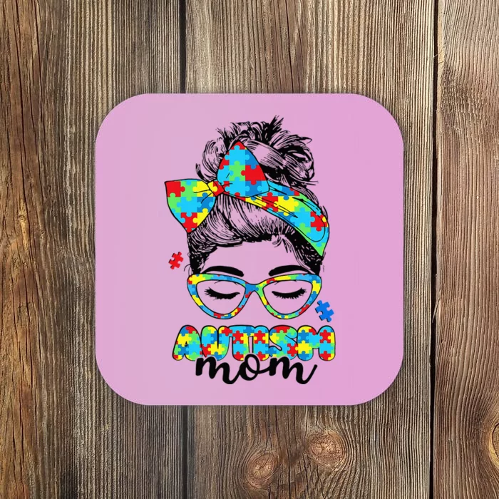 Autism Mom Awareness Messy Bun Puzzle Coaster