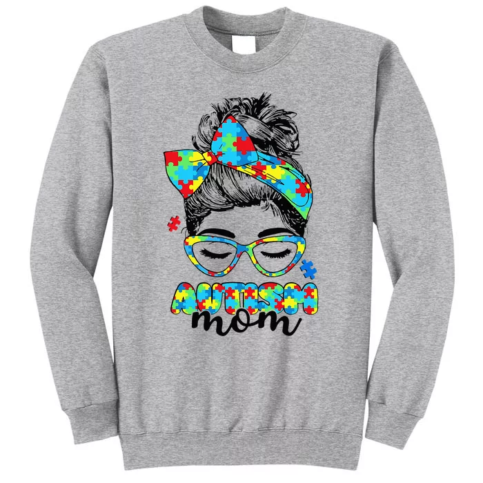 Autism Mom Awareness Messy Bun Puzzle Tall Sweatshirt