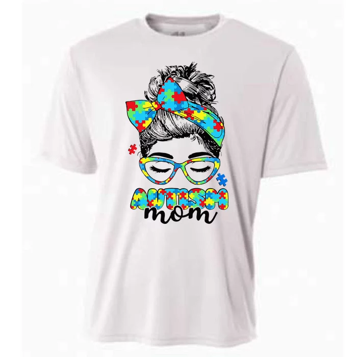 Autism Mom Awareness Messy Bun Puzzle Cooling Performance Crew T-Shirt