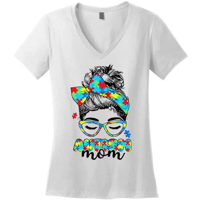 Autism Mom Awareness Messy Bun Puzzle Women's V-Neck T-Shirt